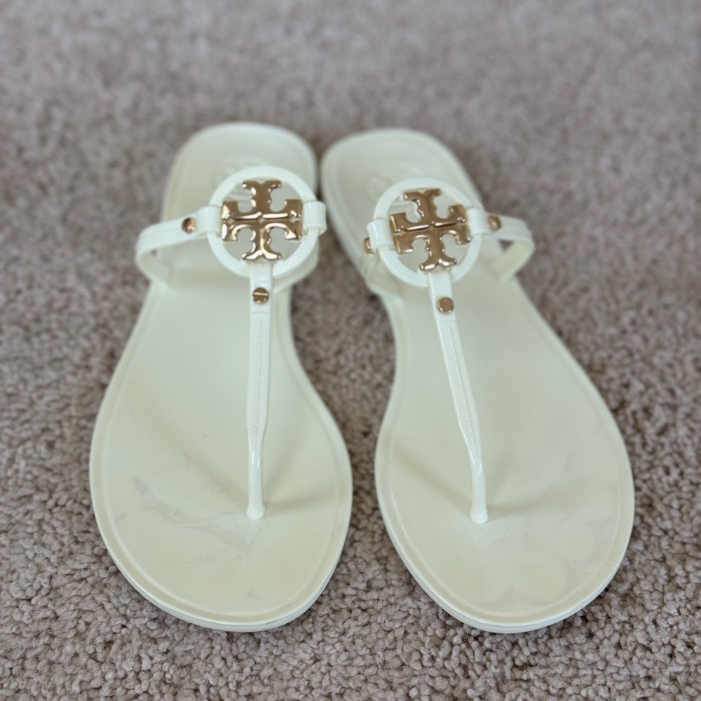 Tory Burch White and Gold Sandals with Iconic Logo